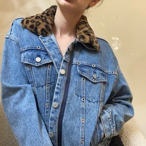 Zara denim jacket with leopard faux fur trim